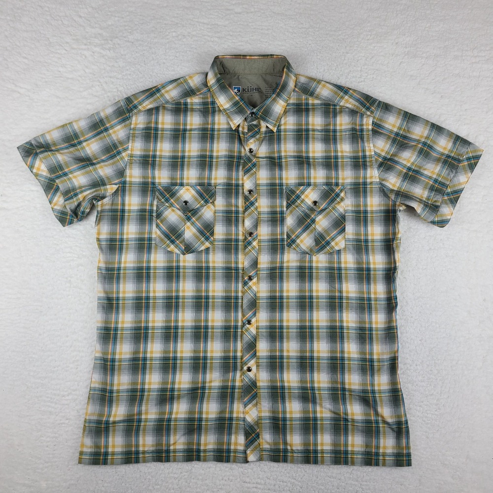 Kuhl Snap Button‎ Shirt Mens XL Blue Green Western Outdoor Hiking Short Sleeve